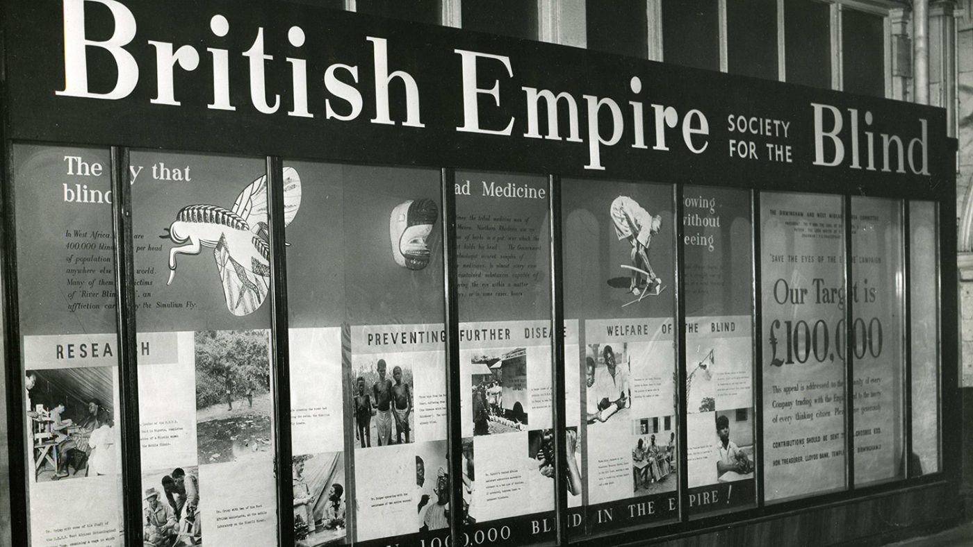 An exhibition of West African photos by Lady (then Mrs) Jean Wilson, London 1951 showing Sightsavers' original name, The British Empire Society for the Blind.