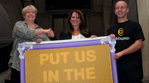 Sightsavers CEO Caroline Harper with Under Secretary of State Lynne Featherstone and Paralympian Ben Quilter.