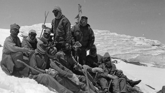 A team of climbers with visual impairments rest after reaching the top of Mount Kilimanjaro in 1969.
