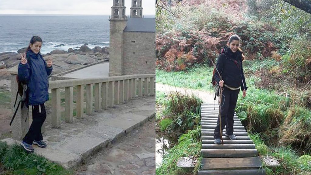 A sinistra l’immagine di una ragazza in piedi con le mani in segno di vittoria e sullo sfondo un santuario affacciato sull’oceano; a destra l’immagine della stessa ragazza in piedi che tiene in mano un bastone e intorno a lei alberi e natura verde.