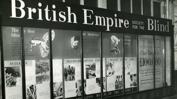 A photo exhibition from the 1950s showing Sightsavers' original name, the British Empire Society for the Blind.