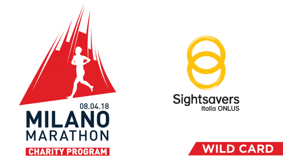 a destra il logo di Sightsavers a sinistra il logo della Milano Marathon con un uomo stilizzato che corre