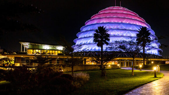 The Kigali Convention Centre in Rwanda is lit up in purple light for World NTD Day.