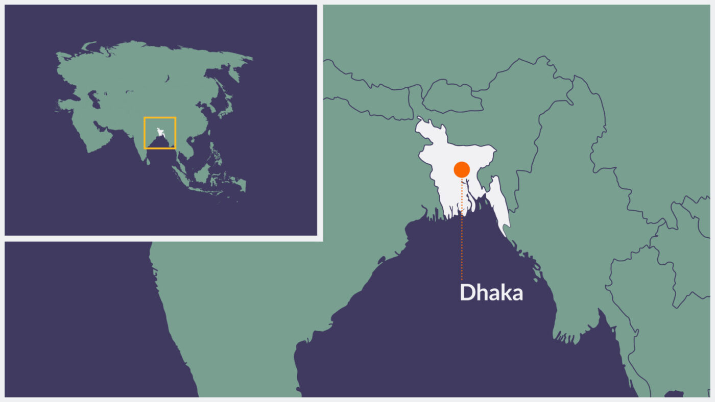 A map of Bangladesh, with the capital Dhaka highlighted.